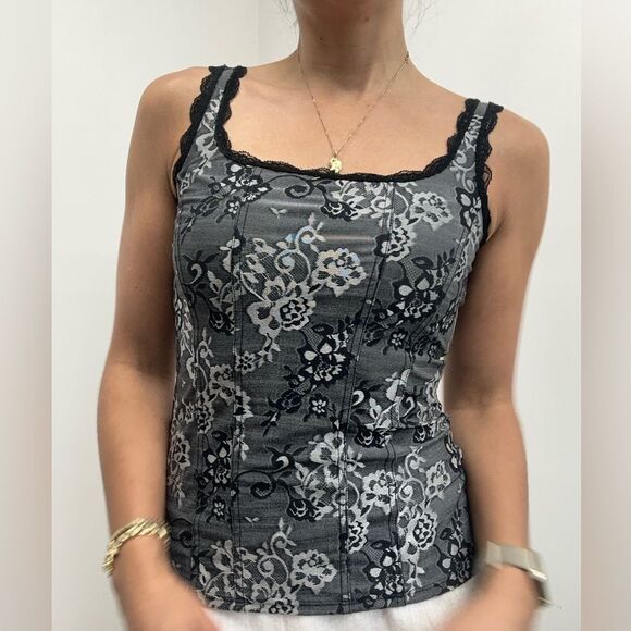 Y2K WHBM Gray Baroque Floral Corset Fitted Tank Lace Trim Cami Size S - Picture 2 of 9